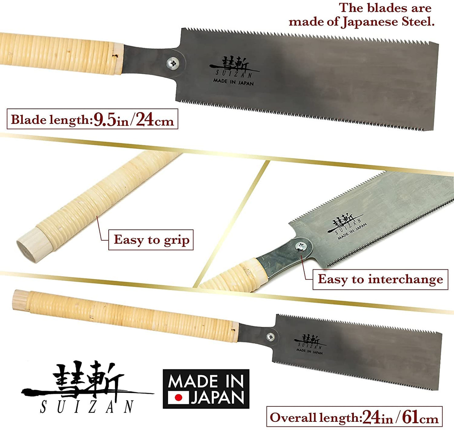 SUIZAN Ryoba Double Edge Saw 9.5" - Professional Japanese Pullsaw Handsaw Woodworking Tools