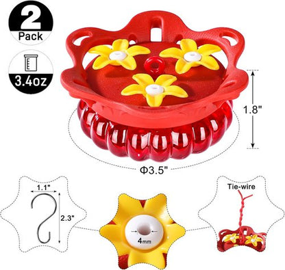 Fchstaer Glass Hummingbird Feeders - Set of 2 with Bee Guard Ports | 3.4oz Red Outdoor Decor