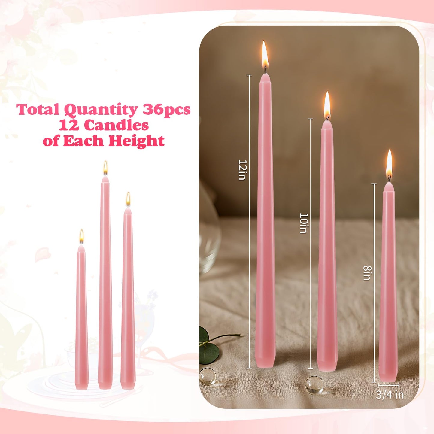 MTLEE Taper Candles 8/10/12 Multi Height Unscented Taper Candles 8 Burn Hours for Dinner Decorative Home Decoration Fall Thanksgiving Wedding Party Candlesticks(Pink,36)