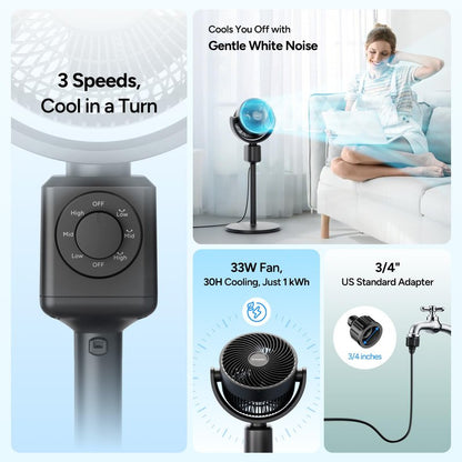 DR.PREPARE Compact Misting Pedestal Fan with Magnetic Mister, Quiet Air Circulator Standing Fan, 16-34" Adj. Height, 70°Auto-Oscillation, 90° Up+10° Down Tilt, 3 Speeds for Small‑Medium Patio Backyard