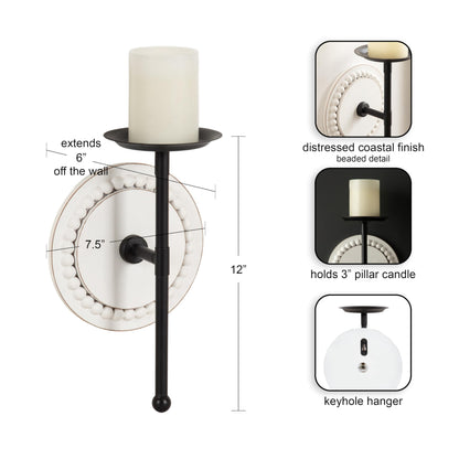 Kate and Laurel Letta Traditional Beaded Wall Sconce; 8 x 6 x 12; White and Black; Two-Tone Modern Coastal Wood and Metal Candle Holder for Flameless Candles