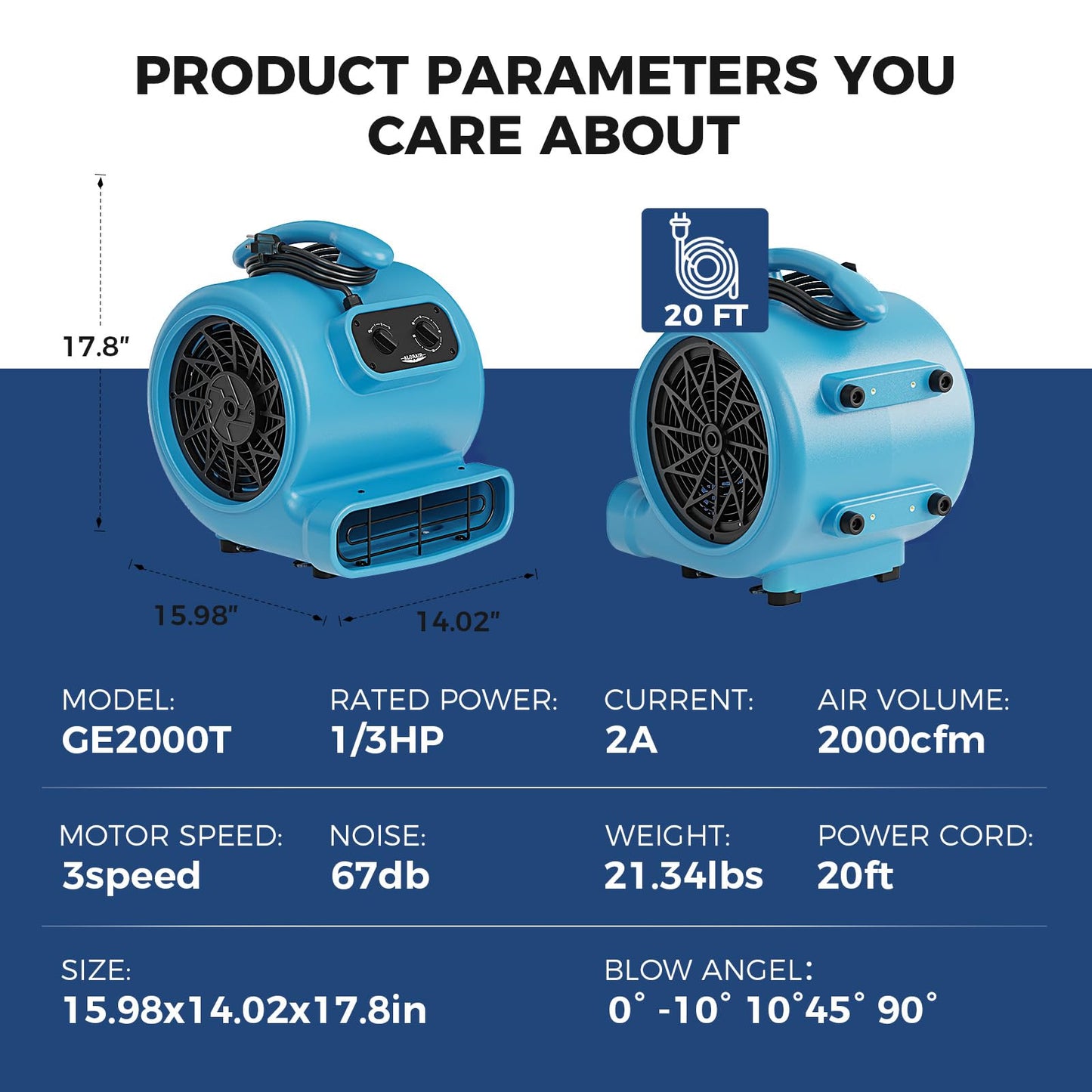 ALORAIR 1/3 HP 2000 CFM Air Mover Blower Fan for Industrial, Floor Fan Dryer, Carpet Dryer - Timer, Stackable, 3 Speeds, 5 Adjustable Angles Ideal for Water Damage Restoration and Plumbing - GE2000T