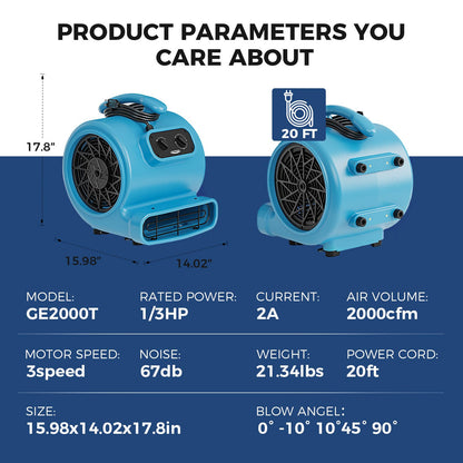 ALORAIR 1/3 HP 2000 CFM Air Mover Blower Fan for Industrial, Floor Fan Dryer, Carpet Dryer - Timer, Stackable, 3 Speeds, 5 Adjustable Angles Ideal for Water Damage Restoration and Plumbing - GE2000T