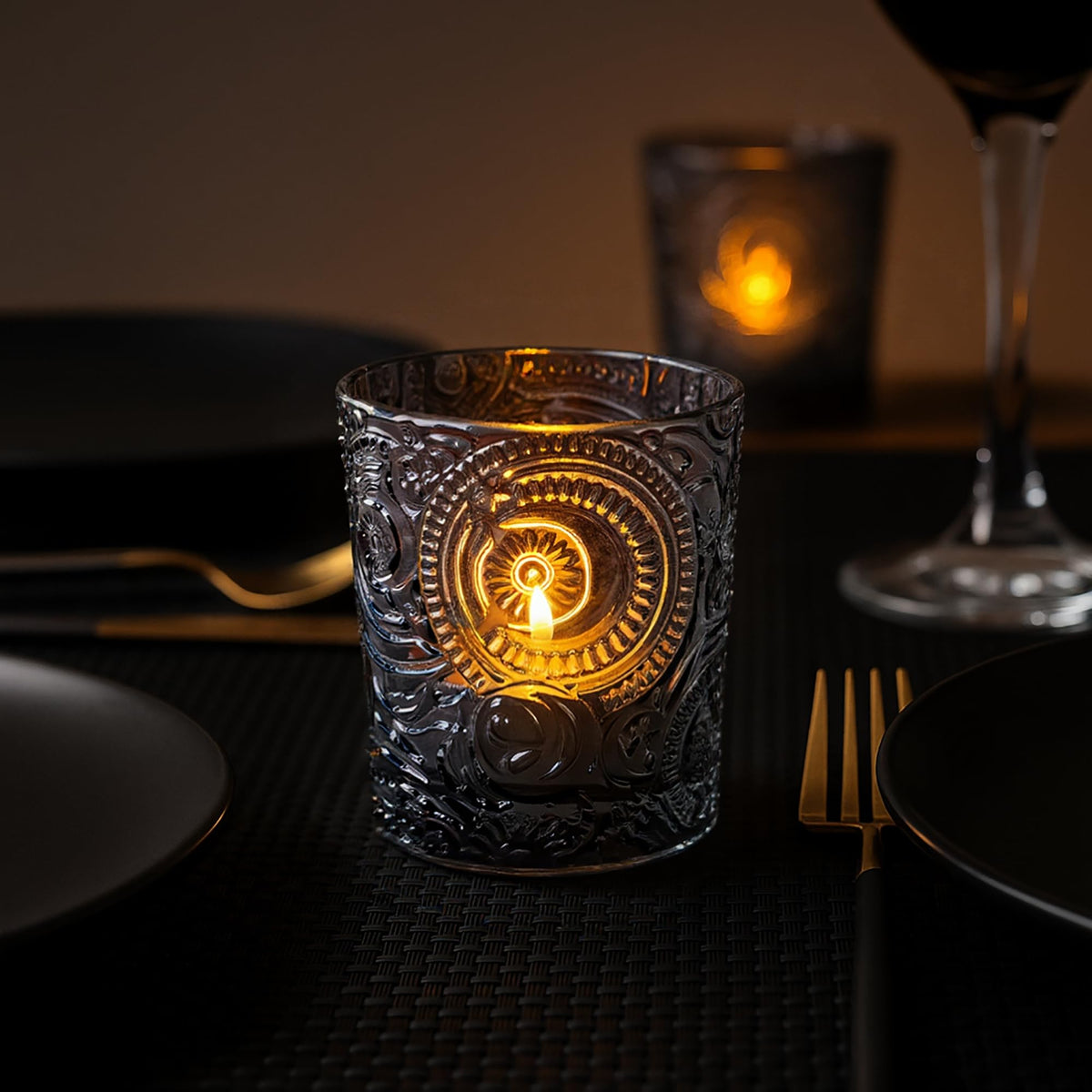 6 Pack Sun Moon Star Embossed Glass Tea Light Candle Holders - Votive Candle Holders for Wedding, Party, Home Decor, and Table Centerpieces (Gray)