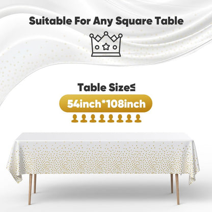 GUUVOR 12 Pack Plastic Table Cloth Disposable, 54”x108” Black and Gold Table Cloths for Parties, Waterproof and Greaseproof Gold Dot Rectangles Tablecloth for Party Decorations BBQ,Wedding,Fine Dining