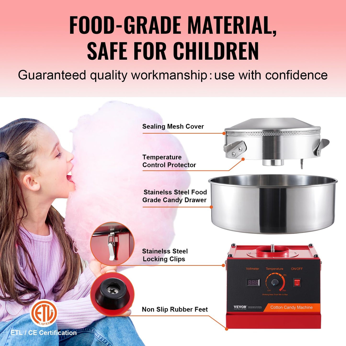 VEVOR Cotton Candy Machine Commercial, 1000W Electric Floss Maker with Stainless Steel Bowl, Sugar Scoop, Storage Drawer, Perfect for Home, Carnival, Kids Birthday, Family Party, Red
