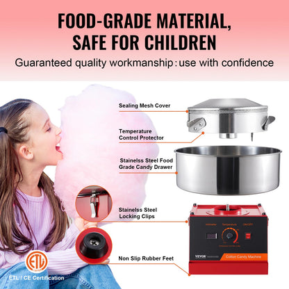 VEVOR Cotton Candy Machine Commercial, 1000W Electric Floss Maker with Stainless Steel Bowl, Sugar Scoop, Storage Drawer, Perfect for Home, Carnival, Kids Birthday, Family Party, Red