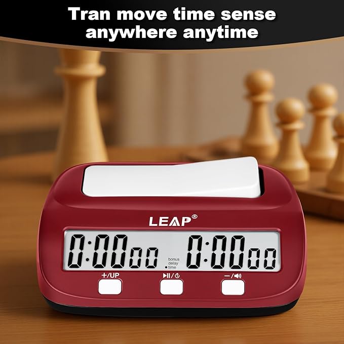LEAP Chess Clock Digital Chess Timer Professional for Board Games Count Up/Down Timer with AlarmBonus and Delay Features Easy to Setup (Red/Black)