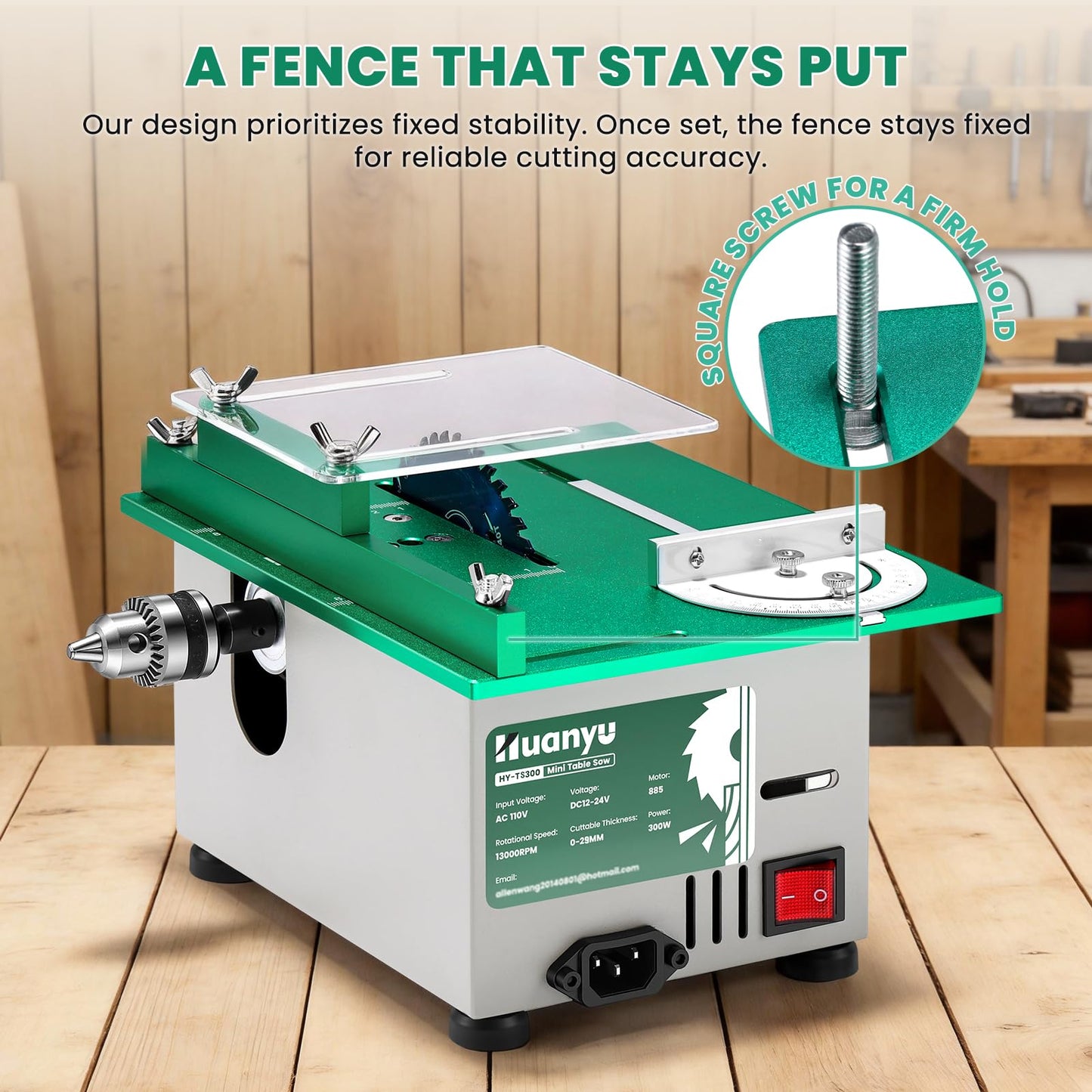 Huanyu Mini Table Saw 300W 1.14IN Cut Depth Portable Precision Hobby Table Saws Set for Wood Model DIY Crafts Woodworking 0-180° Angle Cutting Multifunctional 7-Level Speed Adjustable