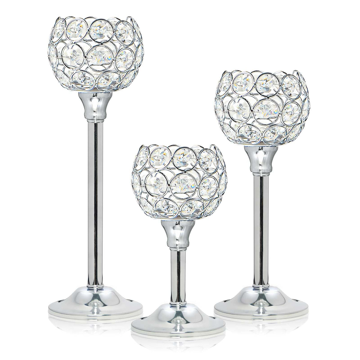 Kehail Set of 3 Silver Crystal Metal Tealight Candlestick, Bling Bowl Candelabras, Tall Votive Candle Holders Elegant Candle Centerpiece for Dining Table Wedding Decor