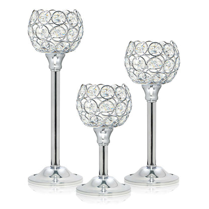 Kehail Set of 3 Silver Crystal Metal Tealight Candlestick, Bling Bowl Candelabras, Tall Votive Candle Holders Elegant Candle Centerpiece for Dining Table Wedding Decor