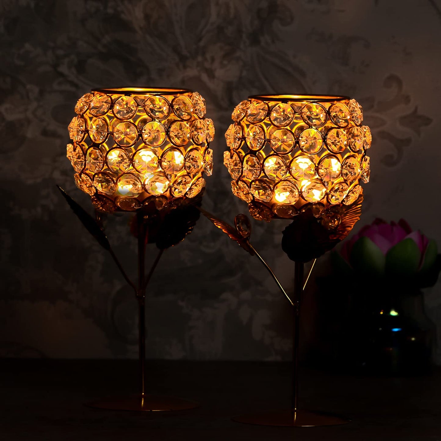 WebelKart New Premium Crystal Rose Brass Candle Holder for Decoration -Candle Stand for Diwali - Diwali Candle Holder (Model-1)