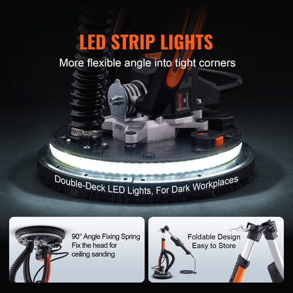VEVOR Drywall Sander, 800W Brushless Motor Electric Sander, Variable Speed 1000-2300 RPM, Foldable Ceiling Sander with Double-Deck LED Lights, Extendable Handle, 12 Sanding Discs