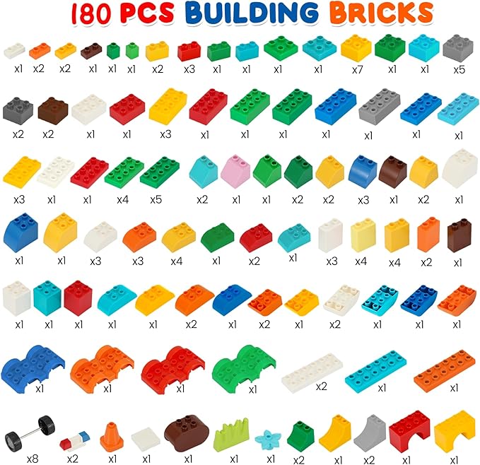 MIMAX Classic Big Bricks Building Blocks Set 180 PCS Toy Building Sets for All Major Brands Interactive Building Toy with Storage Box for Kids Boys and Girls