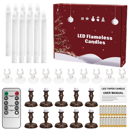 Kithouse Flameless Candles 10 Pack Battery Operated Window Candles with Drip Texture,Remote Timer,10 Removable Candle Holders,10 Suction Cups,20 AAA Batteries for Home Decor Christmas Wedding (Brown)