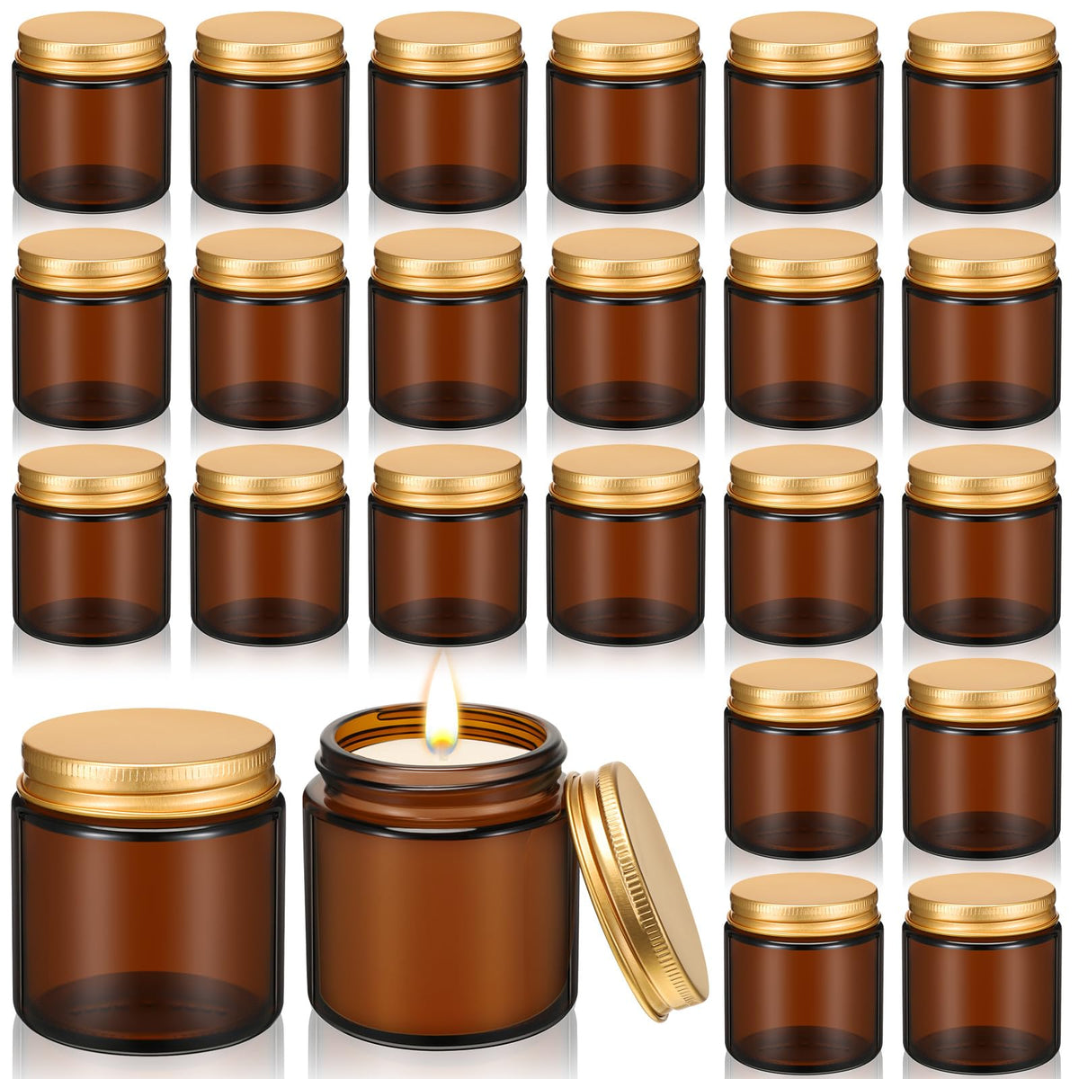 Zhehao 24 Pcs Glass Candle Jars with Lids Bulk, Round Empty Candle Container Tins, Dishwasher Safe and Leakproof DIY Crafts(Amber,Gold,4 oz)