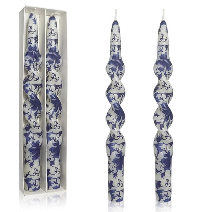 Unscented Floral Taper Candle Spiral Candlesticks - Set of 2 Blue and White Handmade Twisted 10 Inch Long Candle Sticks Print Tapered Candles for Home Wedding Dinner