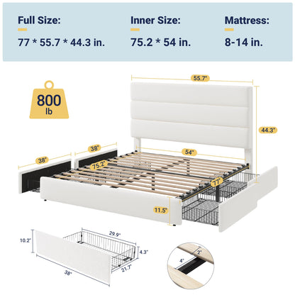 Allewie Modern Full Size Platform Bed Frame with 4 Storage Drawers and Velvet Upholstered Headboard, Wooden Slats Support, Upholstered Mattress Foundation/No Box Spring Needed/Easy Assembly, White
