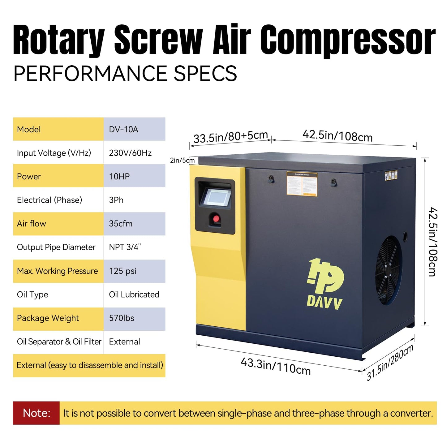 HPDAVV DV-10A Rotary Screw Air Compressor 230V/3Ph 7.5KW 10HP 125PSI 35CFM Heavy Duty Air Compressed System for Small Machining & Fabrication Workshops, Automotive