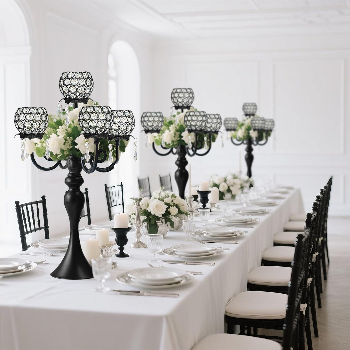 kolnlala 22.5 Inch Black 5-Arm Tea Light Crystal Candle Holder/Candlestick, Exquisite and Gorgeous Crystal Candelabra Table Centerpiece for Wedding/Holiday Events, Parties & Home Decor