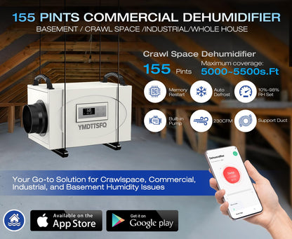 155 pint crawl space dehumidifier is suitable for basements, shopping malls, homes and industrial water damage restoration projects, App Operation with a maximum coverage area of 7,000 square feet