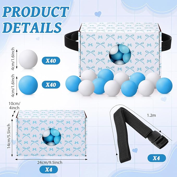 Yaomiao 4 Pack Bachelorette Party Shaking Swing Balls Indoor Party Game Set Includes 4 Set Strap Shake Box and 80 Balls for Birthday Bachelorette Bridal Shower Table Tennis(White BowBlue White)