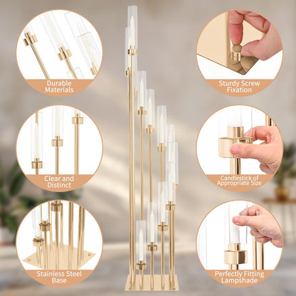 2 Sets 12Arm Gold Candelabra,Candle Holder with Clear Acrylic lampshades Fit Flameless or Wax,46'' High Large Floor Candelabra Centerpiece for Wedding Aisle Ceremony Reception Event Decoration