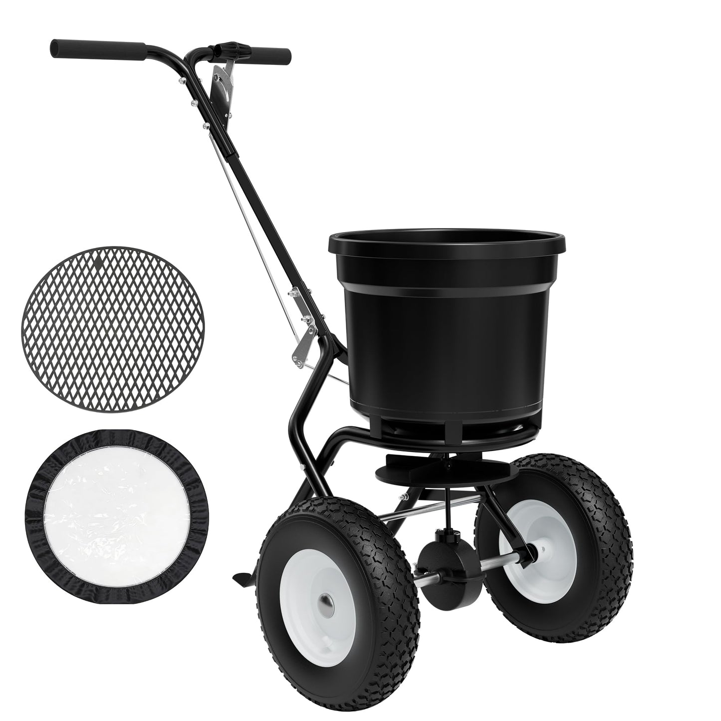 PPOLB Broadcast Spreader for Lawns, 50LB Fertilizer Spreader with 30-Level Flow Control, Walk Behind Lawn Seed & Salt Spreader, 0–10FT Coverage, Hopper Screen, Rain Cover, 12" Pneumatic Wheels