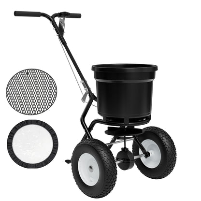PPOLB Broadcast Spreader for Lawns, 50LB Fertilizer Spreader with 30-Level Flow Control, Walk Behind Lawn Seed & Salt Spreader, 0–10FT Coverage, Hopper Screen, Rain Cover, 12" Pneumatic Wheels
