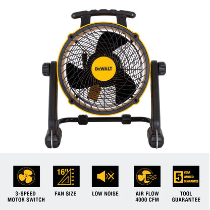 DEWALT 16 Inch Floor Fan, 360° Adjustable Tilting Airflow Fan, 3-Speed 4000 CFM Max, Hook Hangable, Wall Mount for Garage, Basement, Gym, Heavy Duty Barrel Shop Fan DXF1616