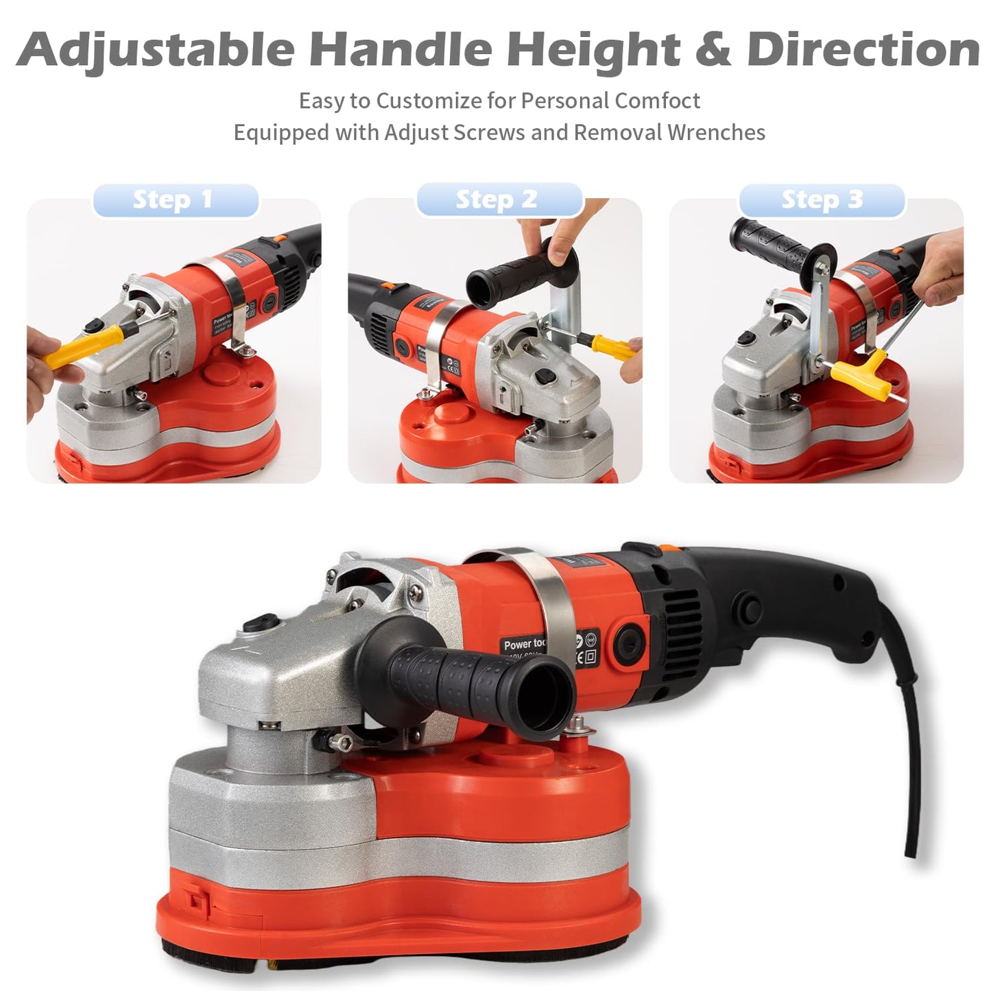 Electric Diamond Polisher Machine+Telescopic Rod 3800W 6 Speed Gears Triple Head Concrete Diamond Grinder for Metal,Stone,Cement Brick Surface Grinding,Epoxy Resin Removal Rock Granite