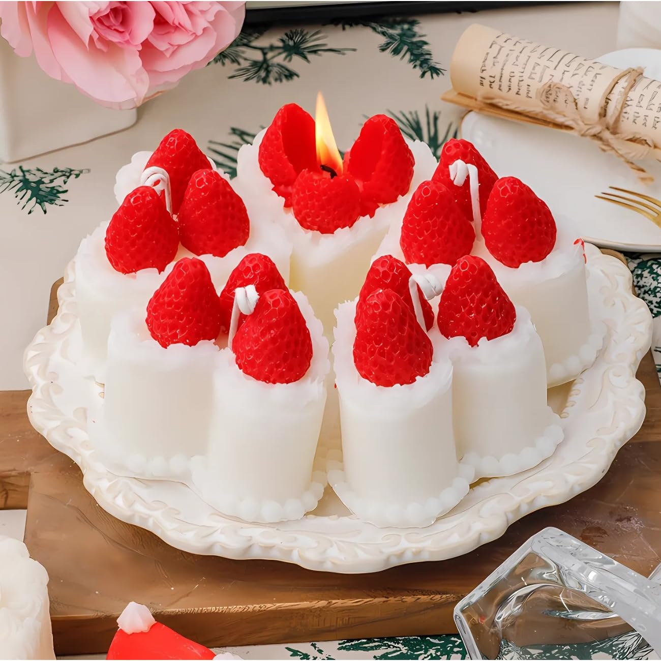 Strawberry Cake Candle, Handmade, Scented Birthday Cake Candle, Decorative Fake Food for Home Décor, Gift for Women & Girls, 3.15"x3.15"