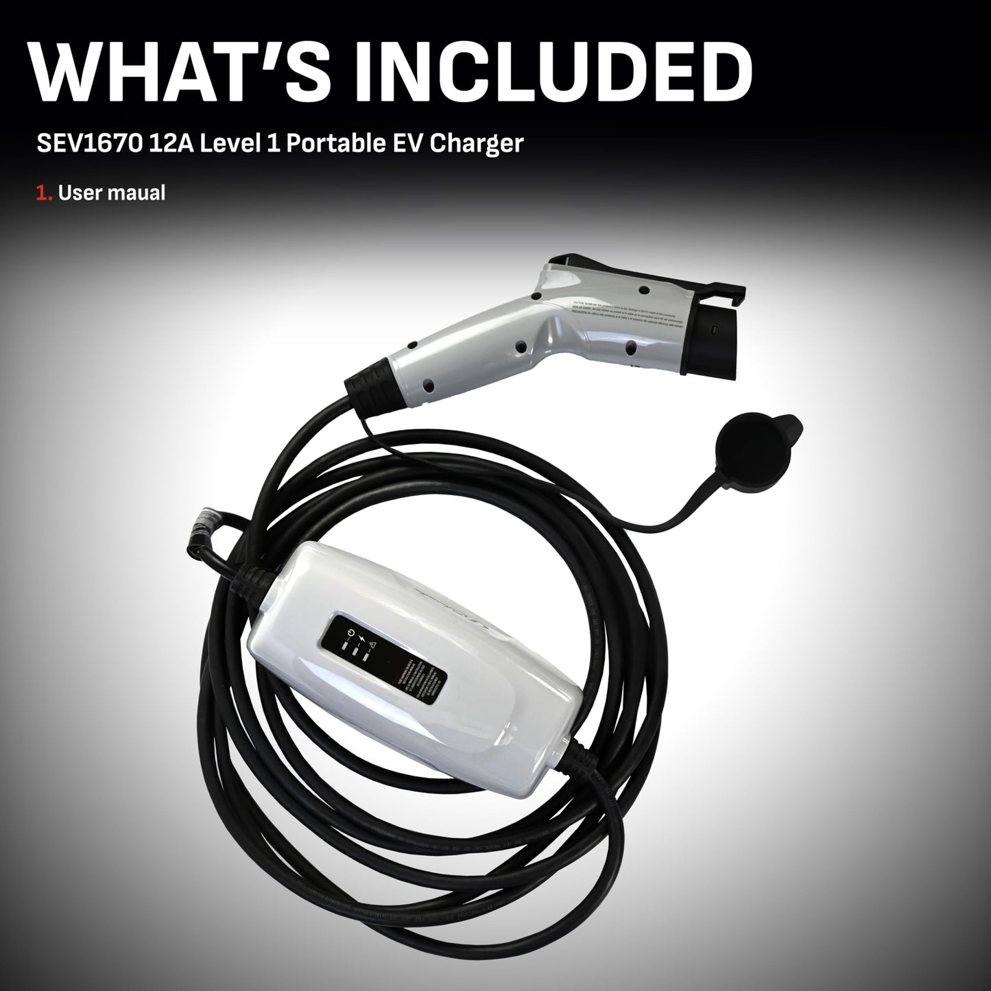 Schumacher Electric Level 1 Portable EV Charger, 12 Amp, 120 Volt, NEMA 5-15P Plug, Indoor/Outdoor Charging, J1772 Connector, 20 Foot Charging Cable, SEV1670