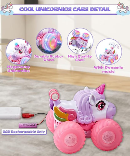Remote Control Car Unicornios Trucks with Lights and Music360°Rotating 4WD Stunt RC Cars Toys for Girls 2.4 GHz Rechargeable All Terrain RC Toys Presents for Girls Age 3-10 (With Storage Bag)