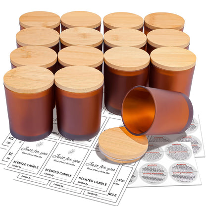 CONNOO 15-Pack 7oz Fall Amber Candle Jars with Bamboo Lids & Sticky Labels – Thick Glass Candle Jars for DIY Making, Dishwasher Safe, Bulk Set