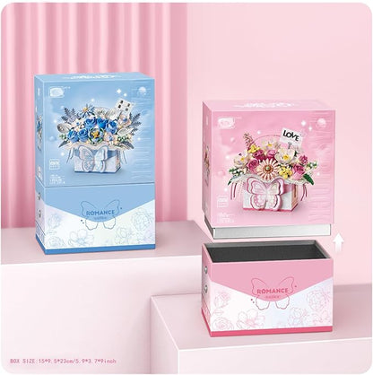 Flower Bouquet Building Blocks Model SetSimulation Artificial Rose Bonsai Plant Building Bricks ToysHandheld Gift Box Home Decor (Blue Butterfly)