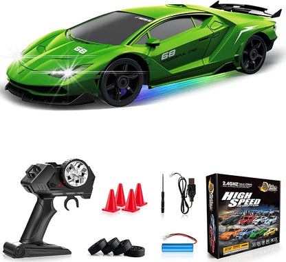 RC Drift Car 1:24 Remote Control Car 4WD 15KM/H High Speed Racing Sport Car with LED Lights RC Cars Toy for Kids Boys Girls Adults Gifts Birthday Christmas Rechargeable Batteries