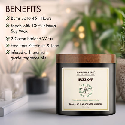 Majestic Pure Citronella Eucalyptus Lemongrass Scented Candle with Upto 45+ Hrs Burn Time, 2-Wick Candle, Soy Wax Blend for Cleaner Burn, 10 oz Jar Candle with Room Filling Fragrance, Buzz
