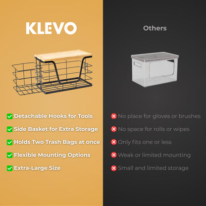KLEVO 3-in-1 Extra Large Under Sink Trash Bag Holder – Wall Mounted Garbage Bag Dispenser with Detachable Basket & 2 Hooks – Kitchen Cabinet & Laundry Room Organization for 13/33 Gallon Trash Bags