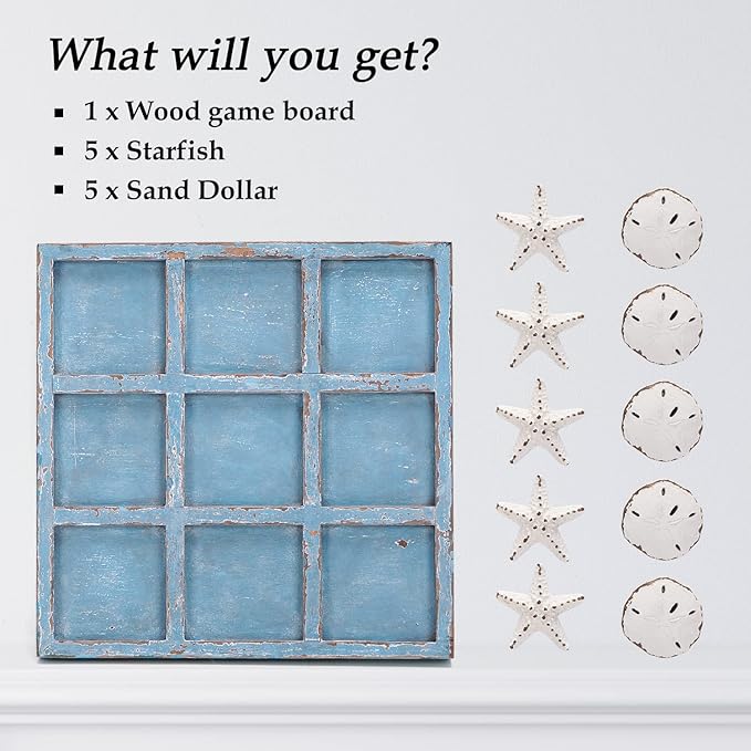 NIKKY HOME Beach Decor Tic Tac Toe Wood Board Travel Game for Family Starfish Sand Dollar Coastal House Coffee Tables Decor 8.98 by 8.98-in Rustic Blue