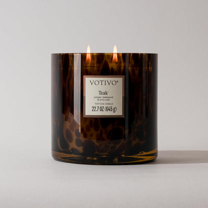 Votivo Teak Tortoise Scented Candle | 22.7 oz Soy Wax Blend | Woody Outdoors Scent | Decorative Home Decor Tortoiseshell Pattern | 100 Hour Burn Time