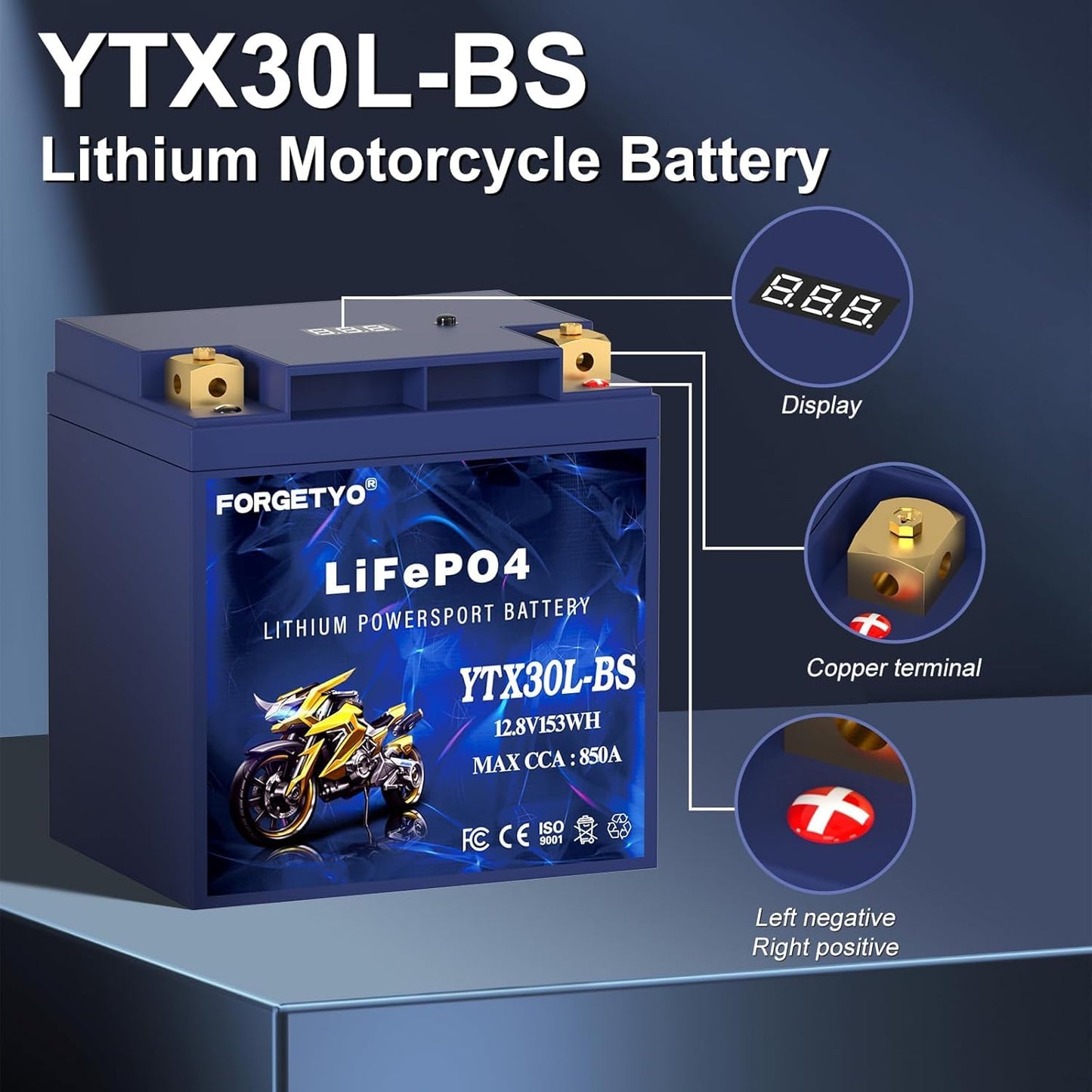 Lithium Motorcycle Battery, Forgetyo YTX30L-BS LiFePO4 Battery, 12V 12AH 850A ATV, UTV, Jet Ski, 4 Wheeler and Lawn Mower Battery