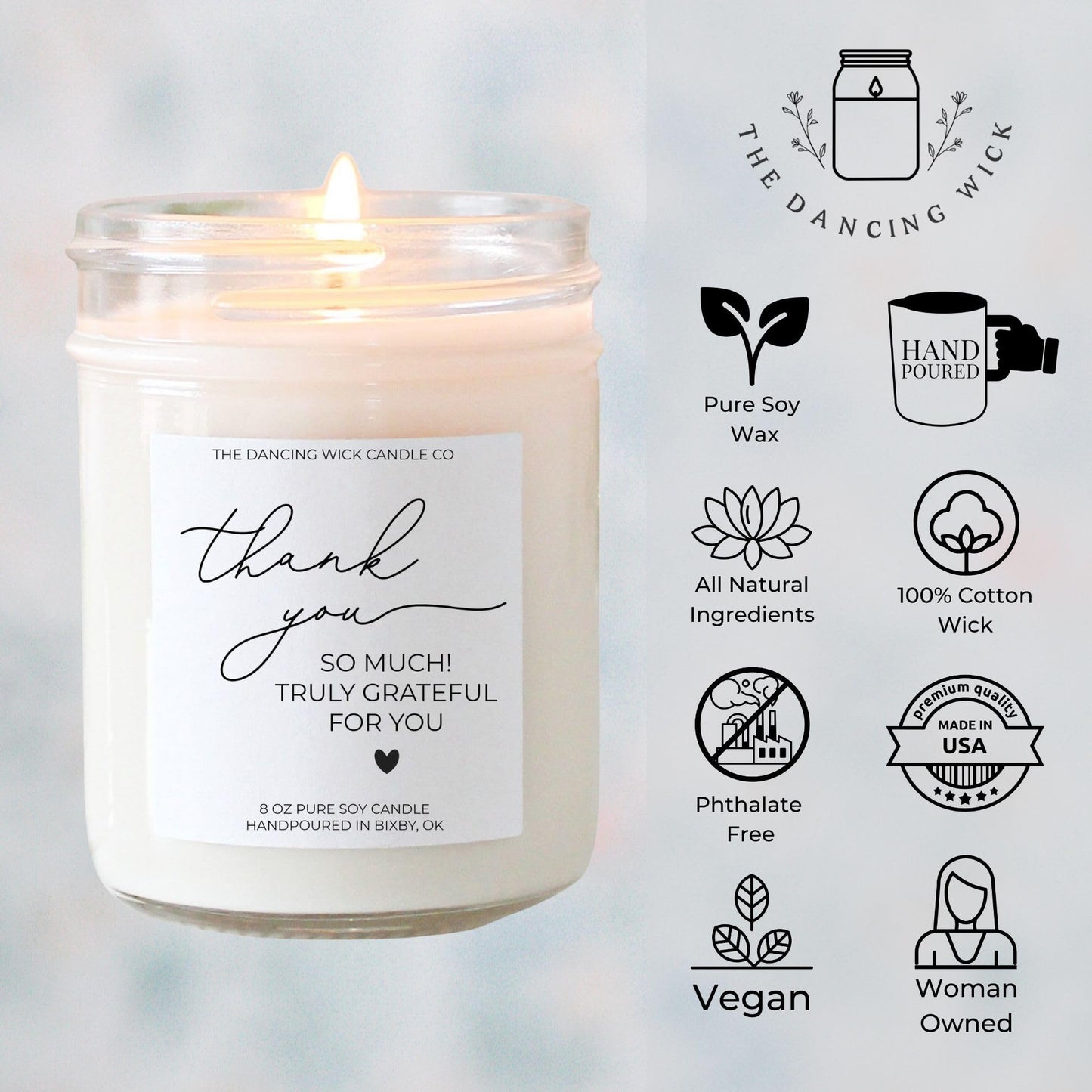 The Dancing Wick Candle – Thank You Candle – Eucalyptus & Tea Scented Soy Wax – Gratitude Gift – Appreciation, Coworker, Client, Hostess – 8 oz, Hand-Poured – Made in the USA (Thank You)