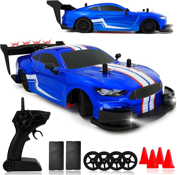 1:20 RC Drift Car for Kids4WD 2.4GHz 30KM/H High Speed Remote Control Car Racing Sport Toy Car with LED LightsDrifting Tires＆2 Batteries (Blue)
