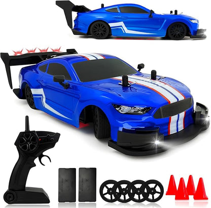 1:20 RC Drift Car for Kids4WD 2.4GHz 30KM/H High Speed Remote Control Car Racing Sport Toy Car with LED LightsDrifting Tires＆2 Batteries (Blue)