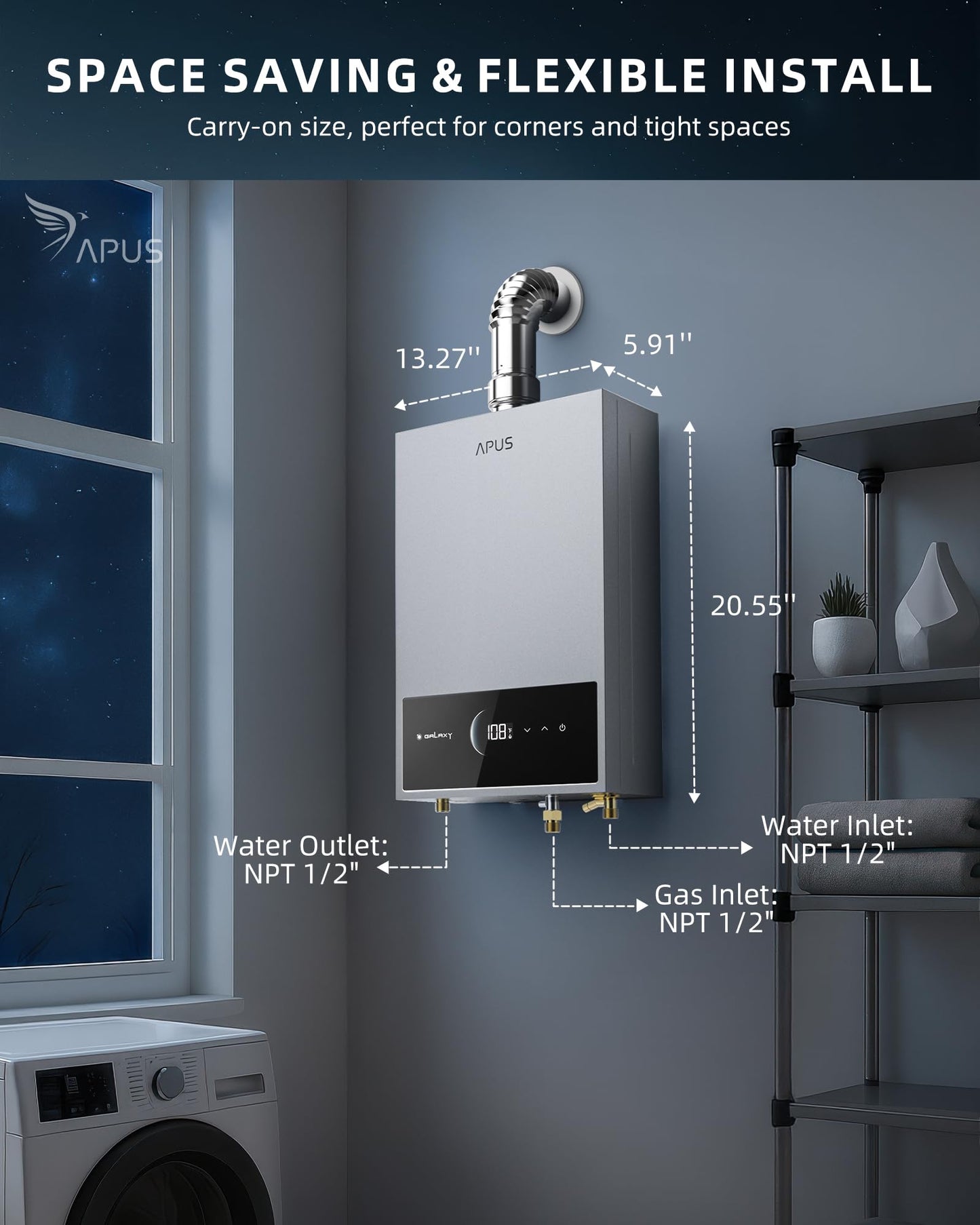 APUS Tankless Water Heater Propane Gas, Up to 4.42 GPM, Indoor Hot Water Heater, 95,000 BTU on Demand Instant Hot Water Heaters with Smart Digital Display, Space Gray