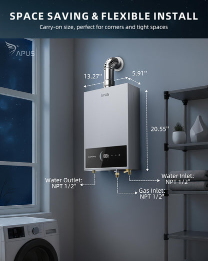 APUS Tankless Water Heater Propane Gas, Up to 4.42 GPM, Indoor Hot Water Heater, 95,000 BTU on Demand Instant Hot Water Heaters with Smart Digital Display, Space Gray