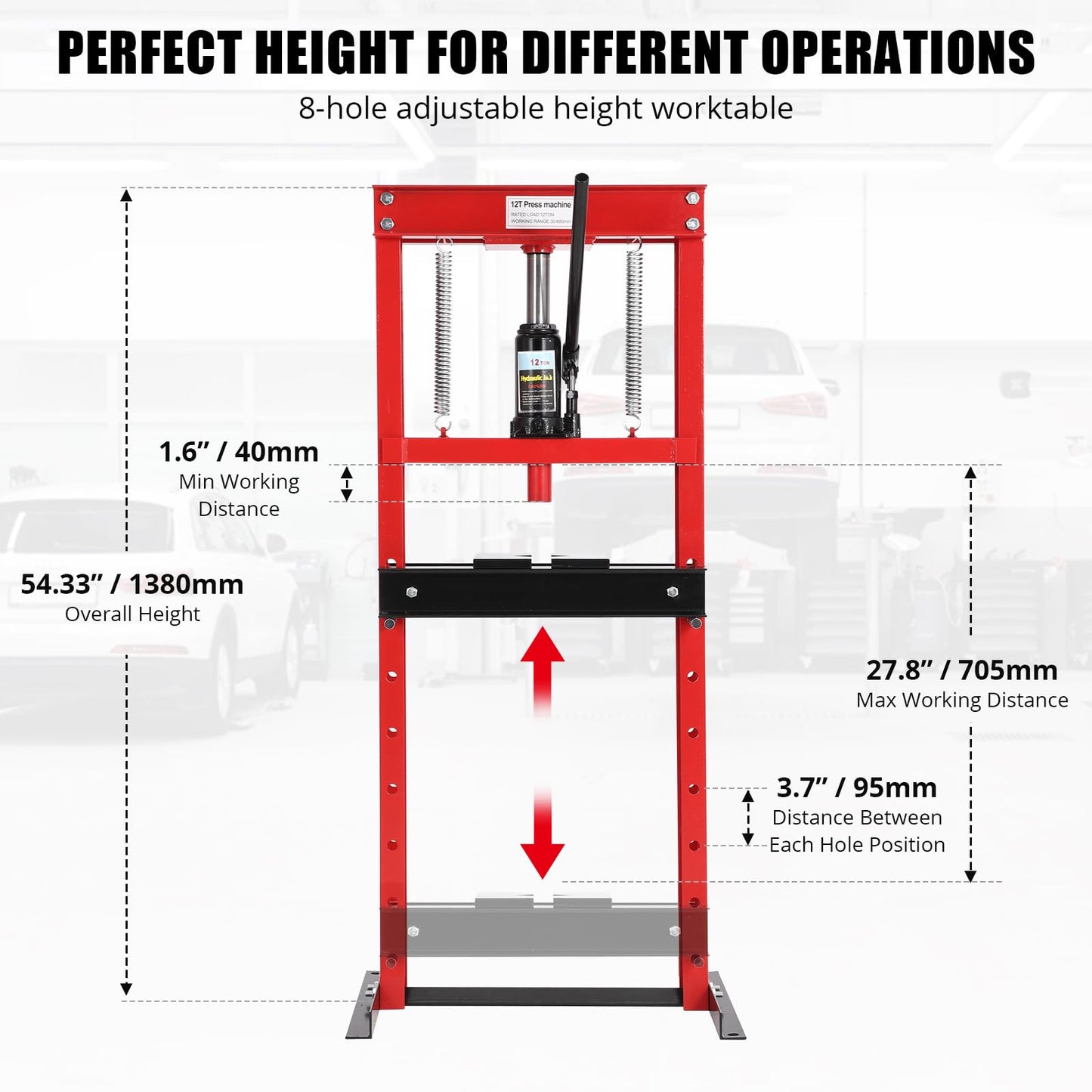 GarveeTech 12 T Hydraulic Press, H-Frame Bearing Press, Adjustable Working Table Height, Strong Load Capacity, for Car Repair Garage