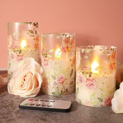 MELTONE Rose Flameless Candles Love Theme Glass Pink LED Candles with Remote - Home Wedding Bedroom Room Christmas Valentine's Day Decor - Set of 3