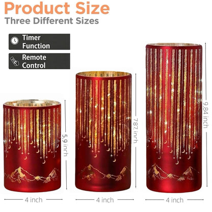 Ashroder Starry Night Elegant Hurricane Candleholders with LED Flickering Lights & Remote Timer, Decorative Glass Hurricanes for Indoor Table Centerpieces & Year-Round Home Decor, Set of 3 (Red)